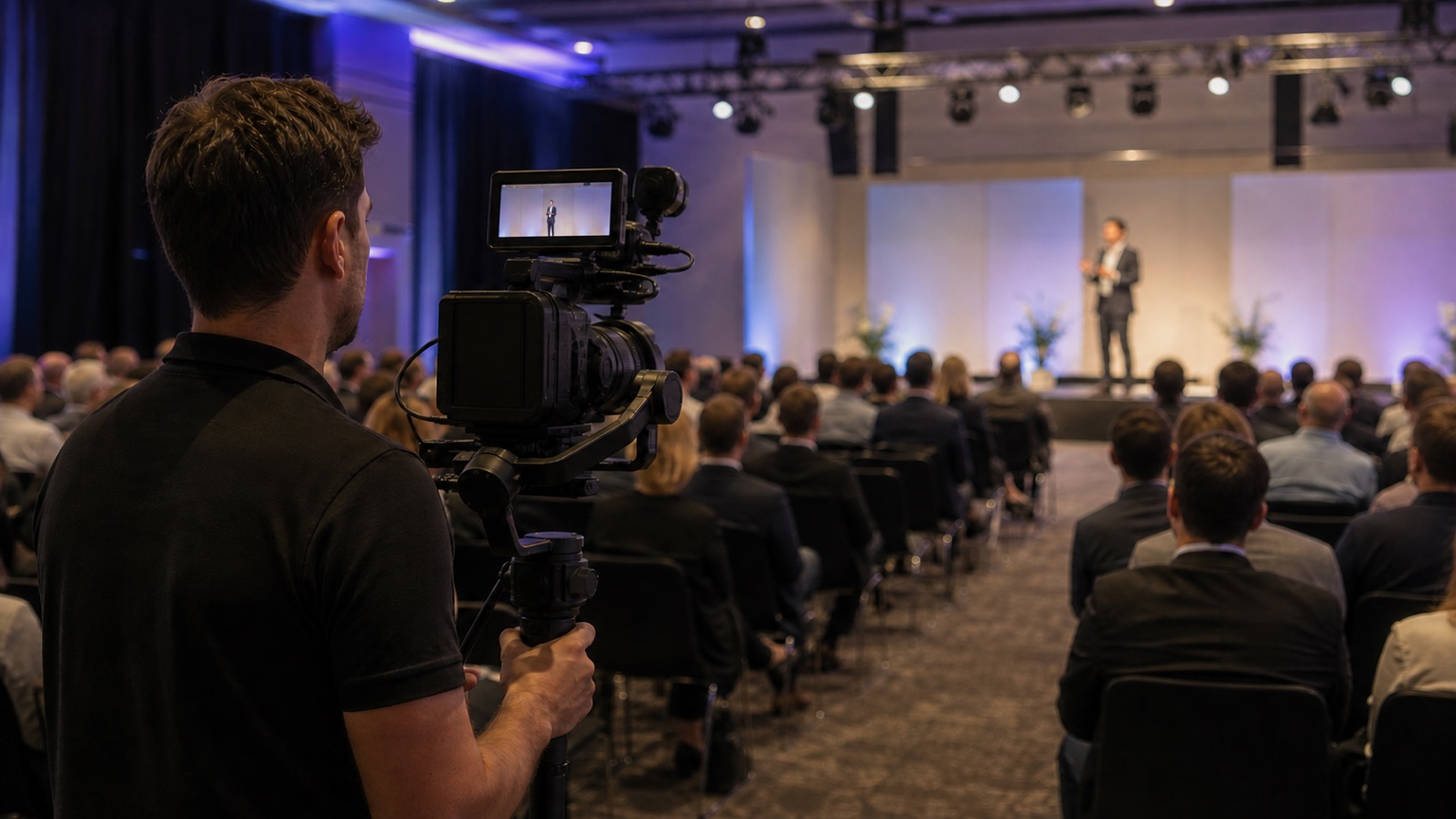 Operator kamery nagrywa prelegenta i publiczność podczas firmowej konferencji