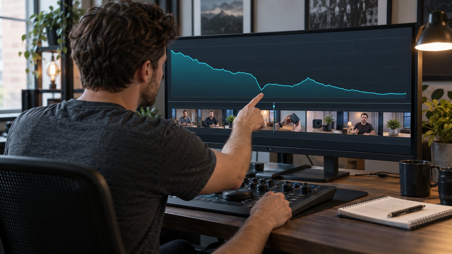 The editor points to a drop on an illustrative viewer retention graph above the frames of the analysed film